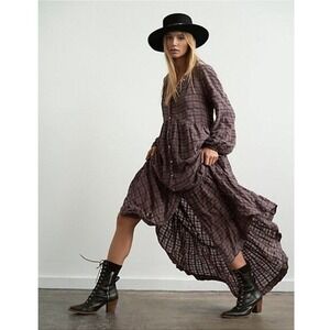 Free People Edie Horseshoe Maxi Dress Size M Plaid Cotton Boho Prairie Cottage